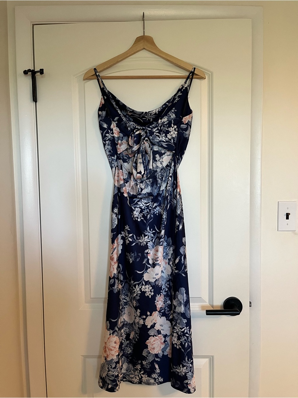 Dark Blue Floral Cowl Neck Satin Midi Dress - Picture 2 of 3